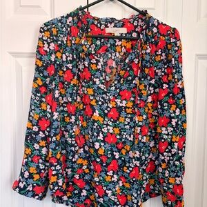 LOFT Women's Floral Blouse - ruffle collar, tie neck Red, Orange, and Blue